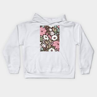 Boho garden // pattern // expresso brown background sage green cotton candy pink dry rose ivory and white flowers Kids Hoodie